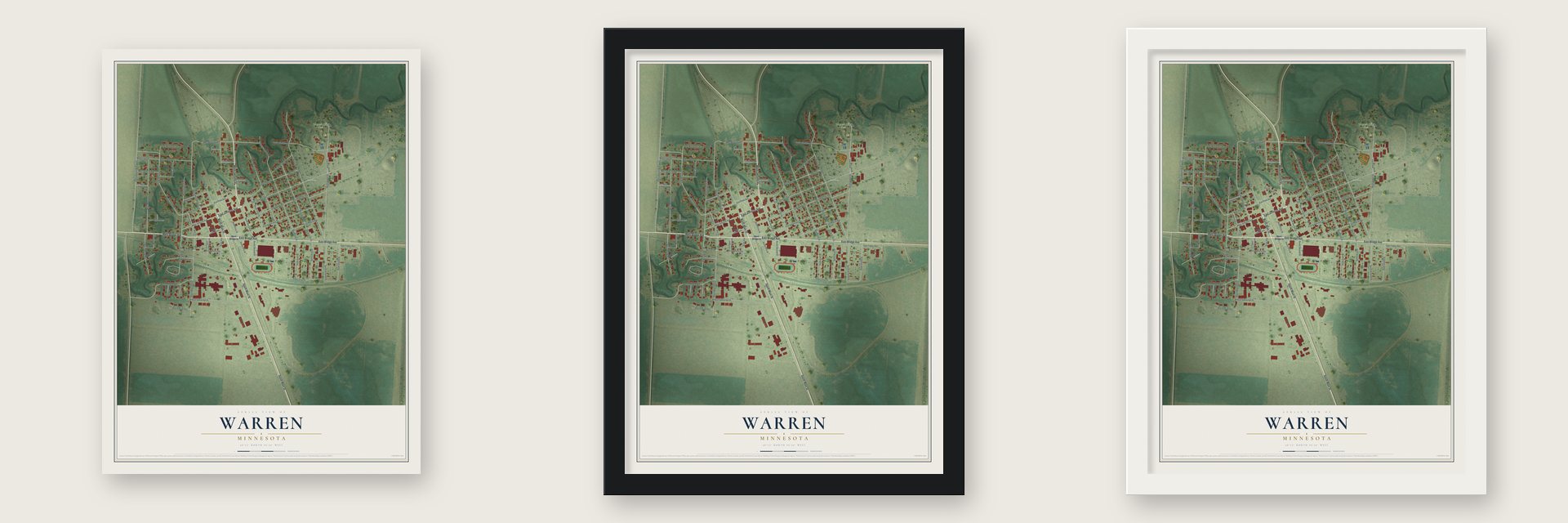 Warren, Minnesota map unframed, in a black wood frame and in a white wood frame