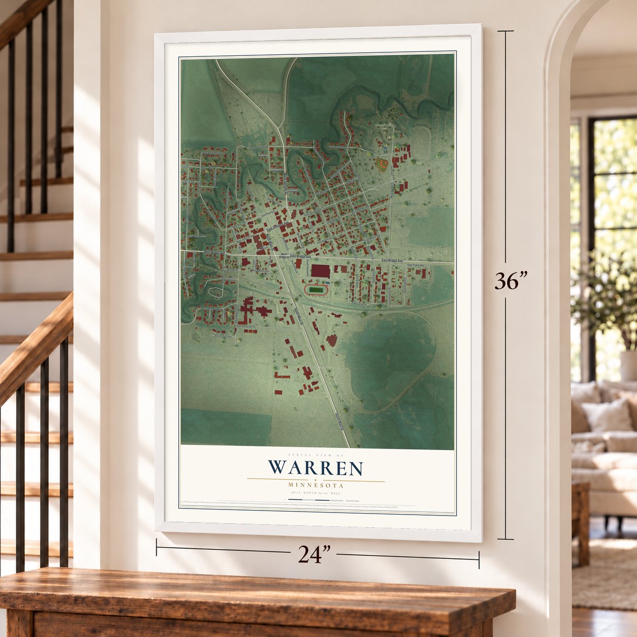 Warren, Minnesota map, 24 x 36 inch print in a white frame by a staircase