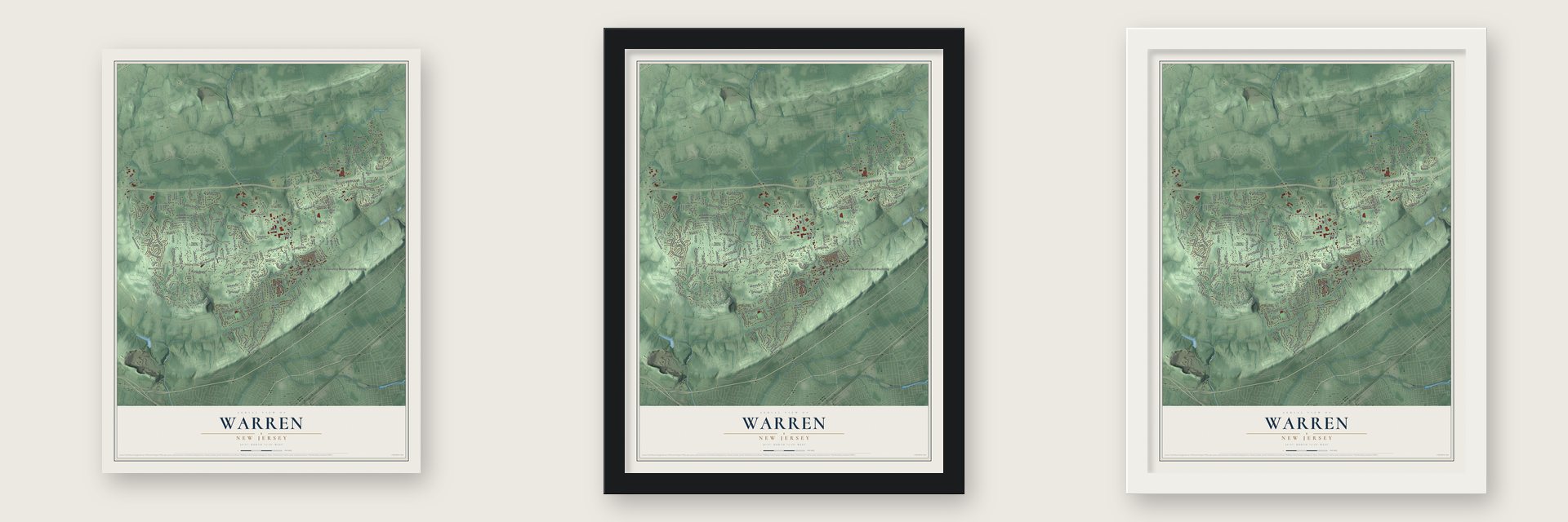 Warren, New Jersey map unframed, in a black wood frame and in a white wood frame
