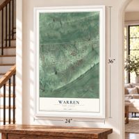 Warren, New Jersey map, 24 x 36 inch print in a white frame by a staircase