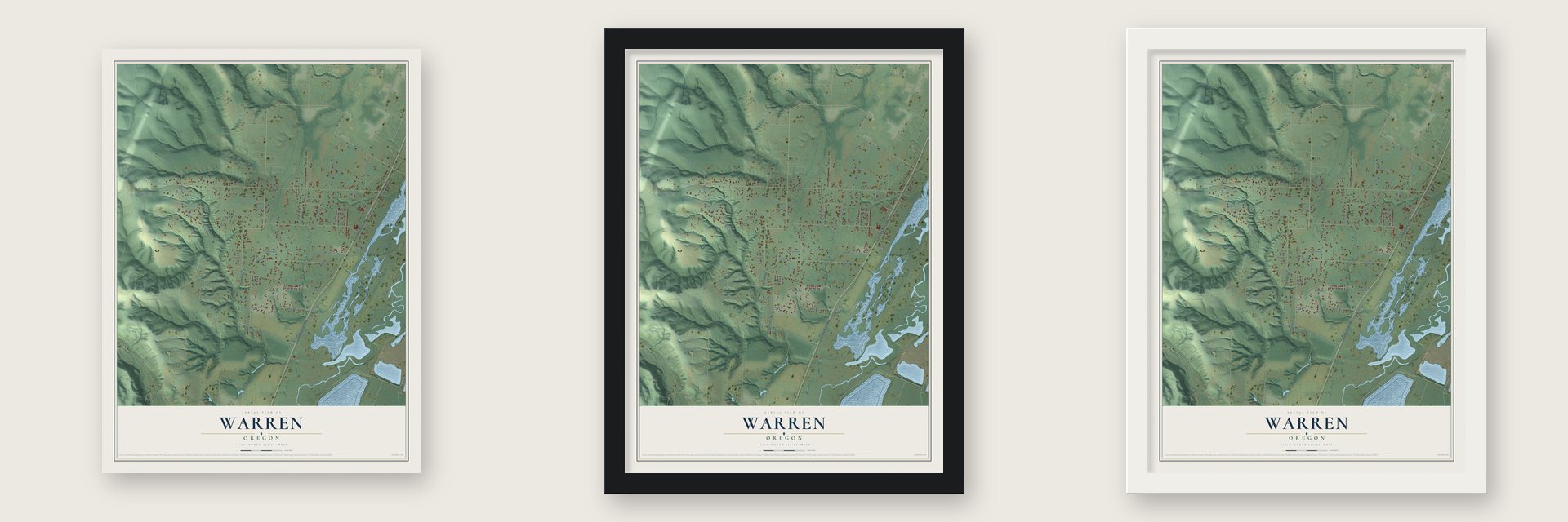 Warren, Oregon map unframed, in a black wood frame and in a white wood frame
