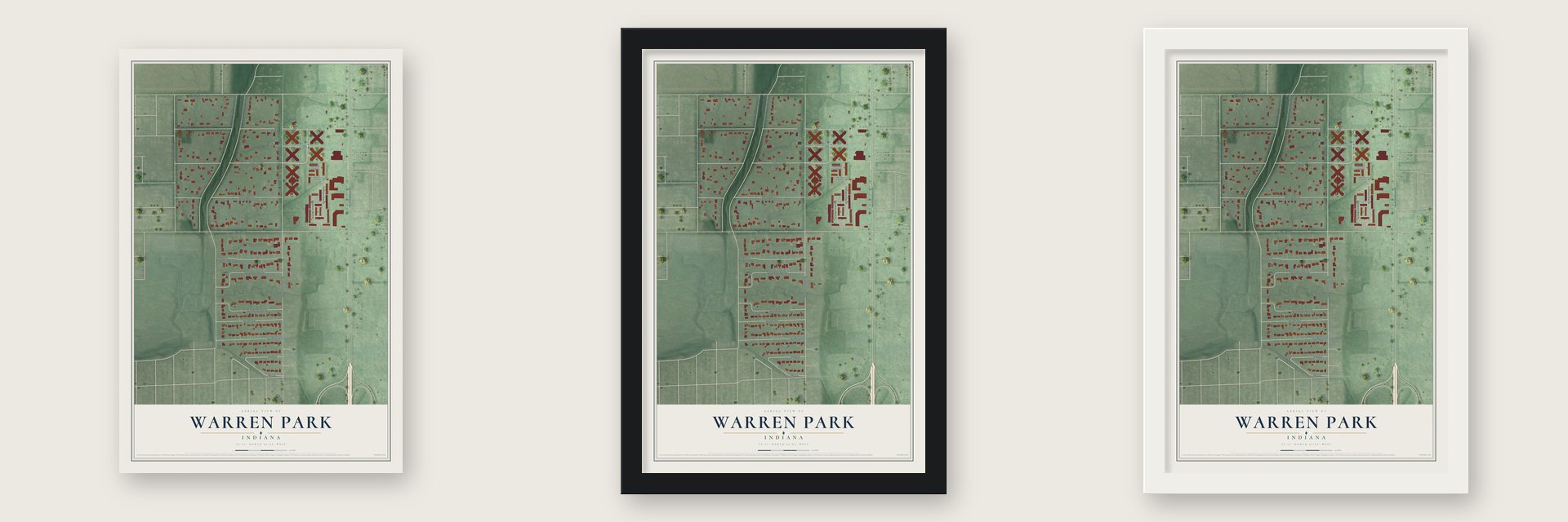 Warren Park, Indiana map unframed, in a black wood frame and in a white wood frame
