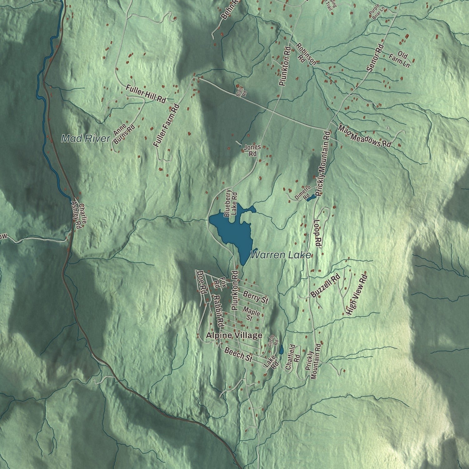 Close-up of the map of Warren, Vermont print showing terrain and local geography