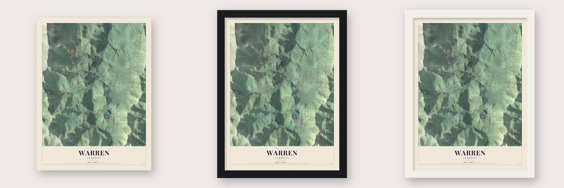 Warren, Vermont map unframed, in a black wood frame and in a white wood frame