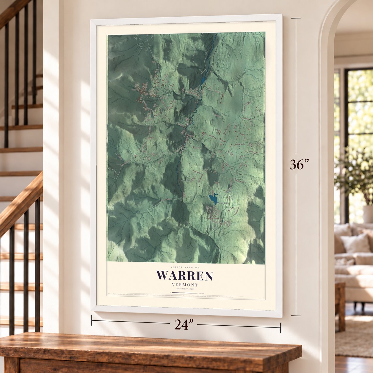 Warren, Vermont map, 24 x 36 inch print in a white frame by a staircase