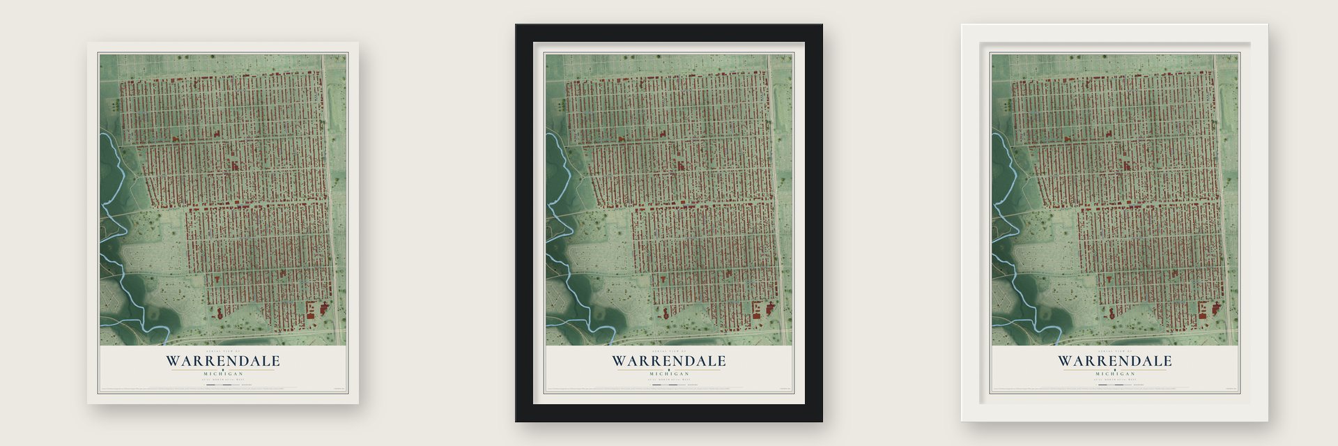 Warrendale, Michigan map unframed, in a black wood frame and in a white wood frame