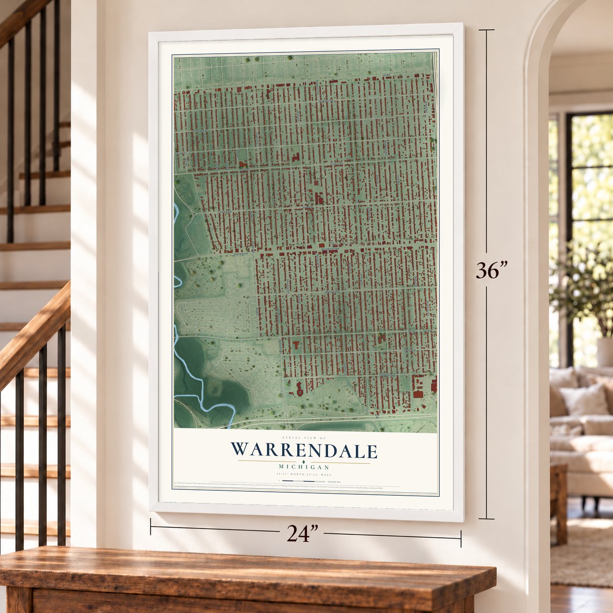 Warrendale, Michigan map, 24 x 36 inch print in a white frame by a staircase