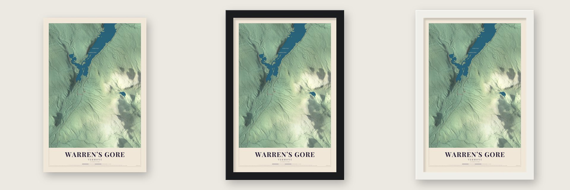 Warren's Gore, Vermont map unframed, in a black wood frame and in a white wood frame