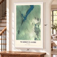Warren's Gore, Vermont map, 24 x 36 inch print in a white frame by a staircase
