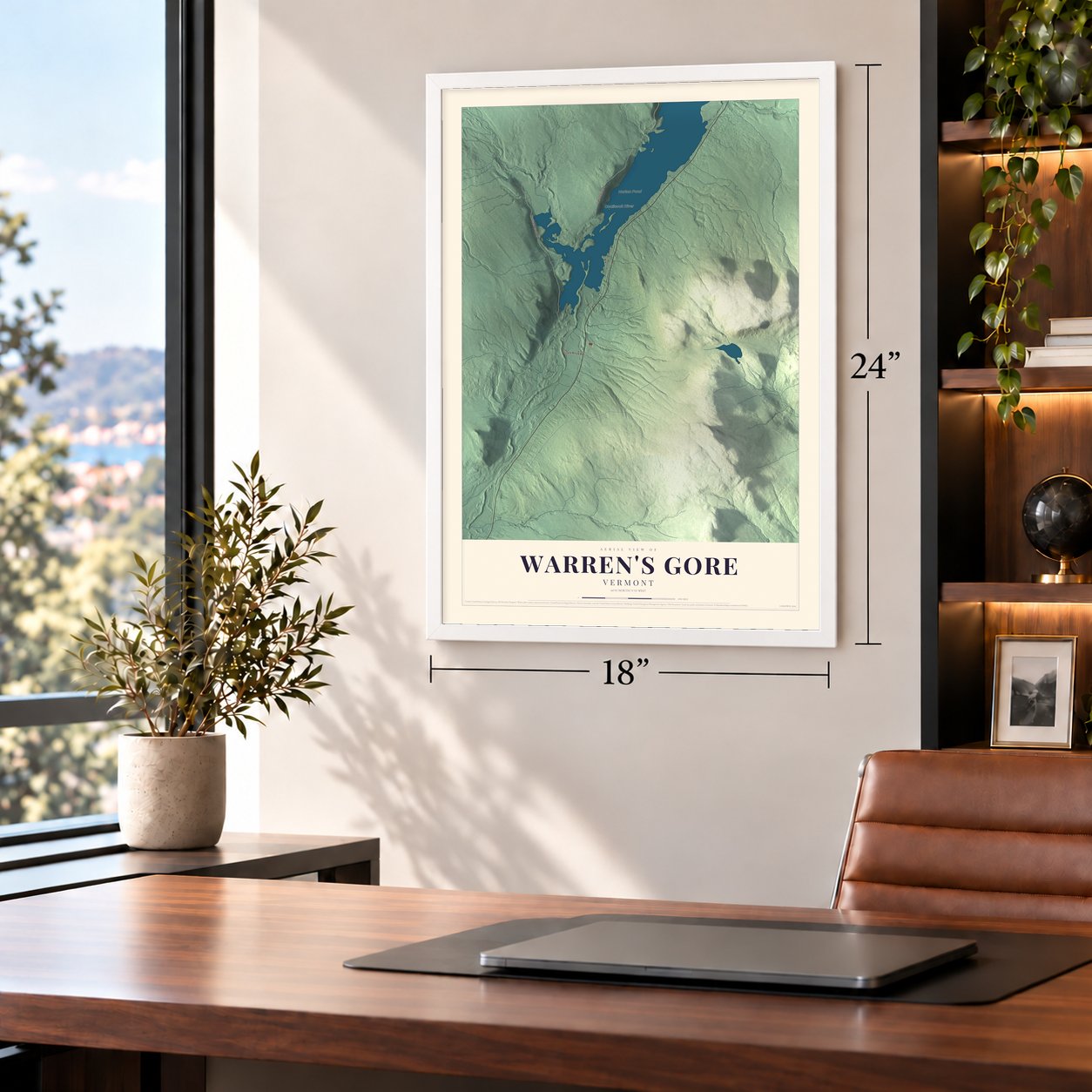 Warren's Gore, Vermont map, 18 x 24 inch print in a white frame in a home office
