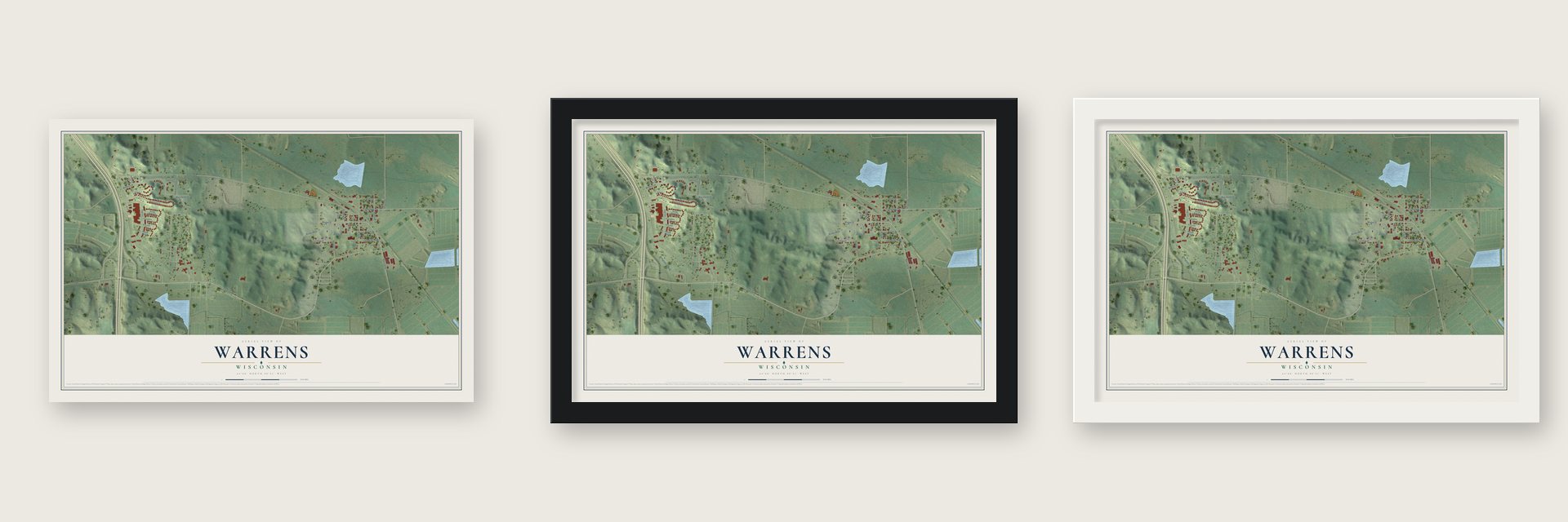Warrens, Wisconsin map unframed, in a black wood frame and in a white wood frame