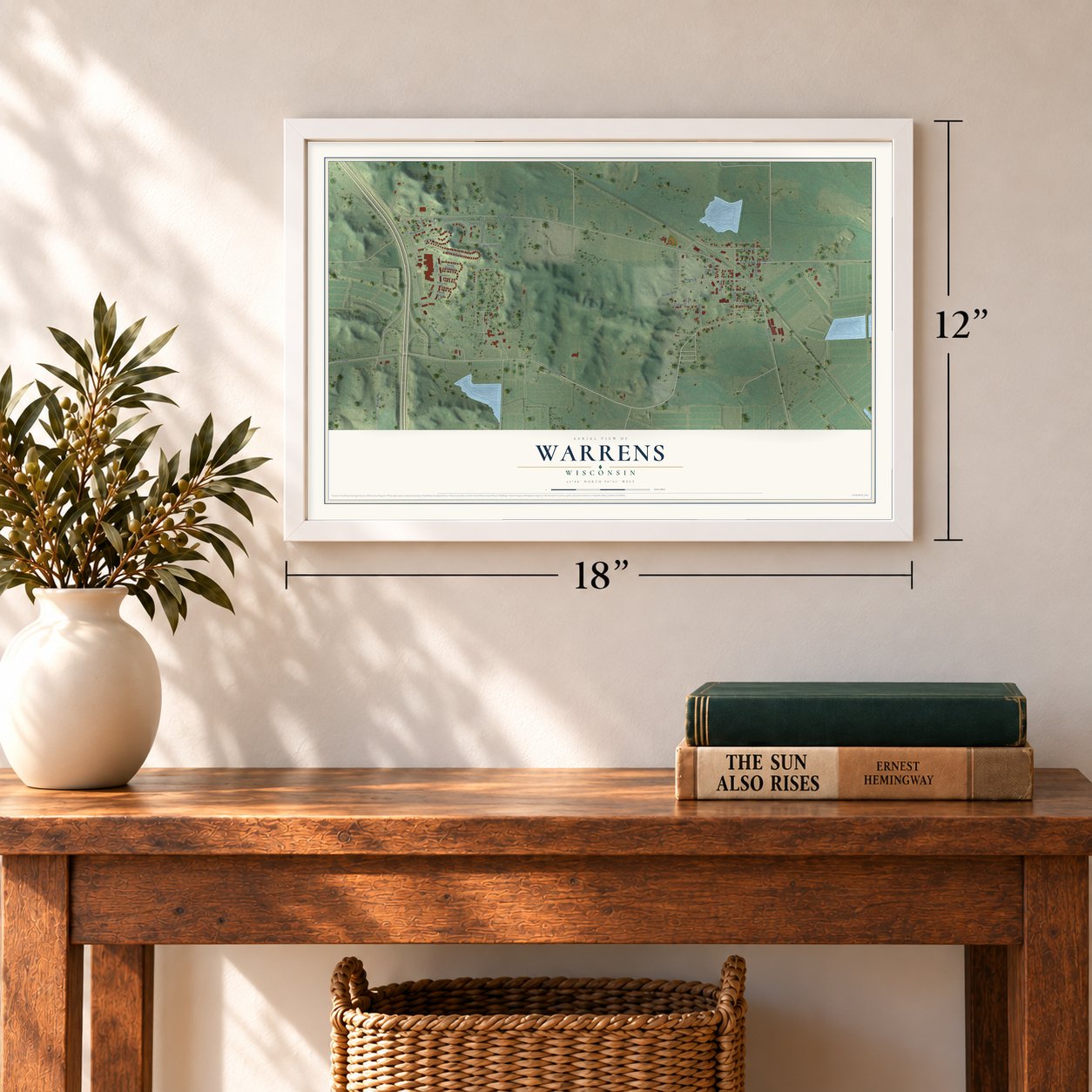 Warrens, Wisconsin map, 12 x 18 inch print in a white frame in an entryway