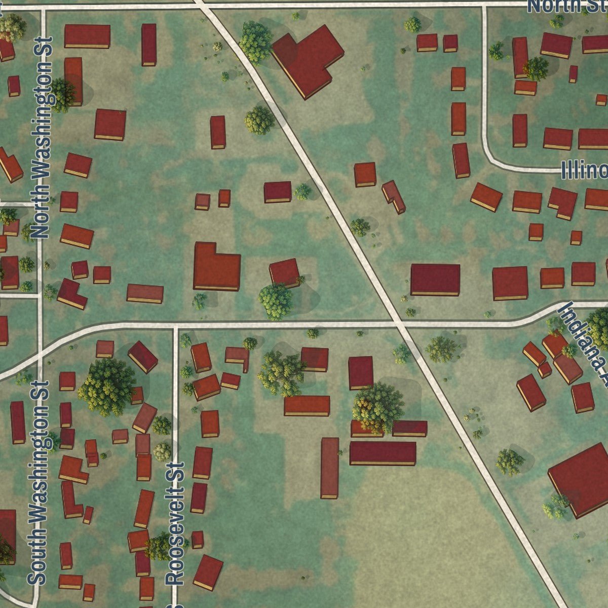 Second close-up of the map of Warrensburg, Illinois print showing more streets and buildings