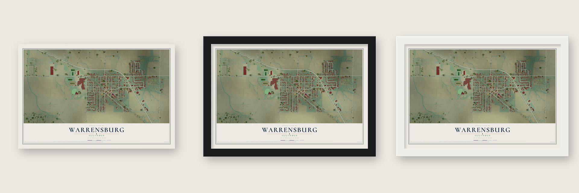 Warrensburg, Illinois map unframed, in a black wood frame and in a white wood frame