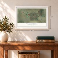 Warrensburg, Illinois map, 12 x 18 inch print in a white frame in an entryway
