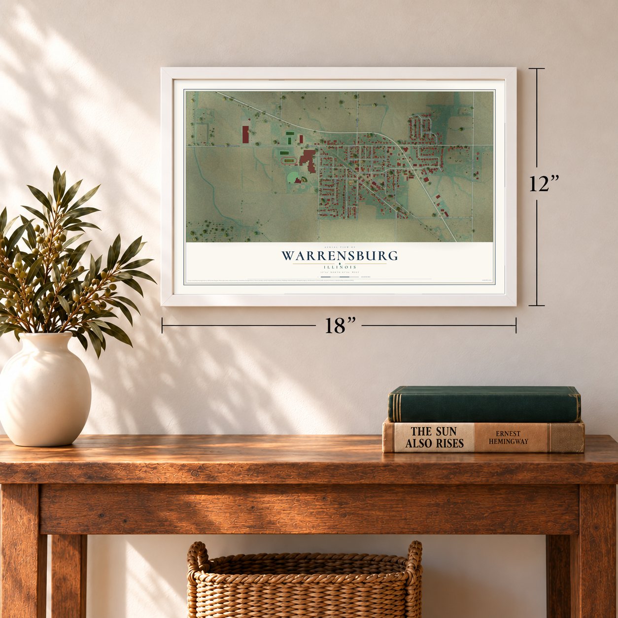 Warrensburg, Illinois map, 12 x 18 inch print in a white frame in an entryway