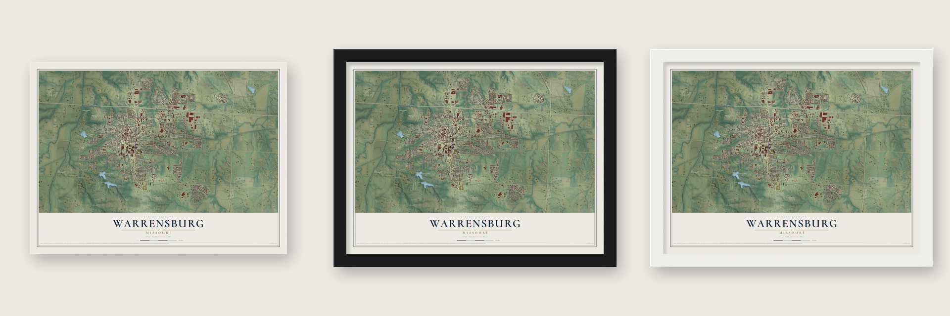 Warrensburg, Missouri map unframed, in a black wood frame and in a white wood frame