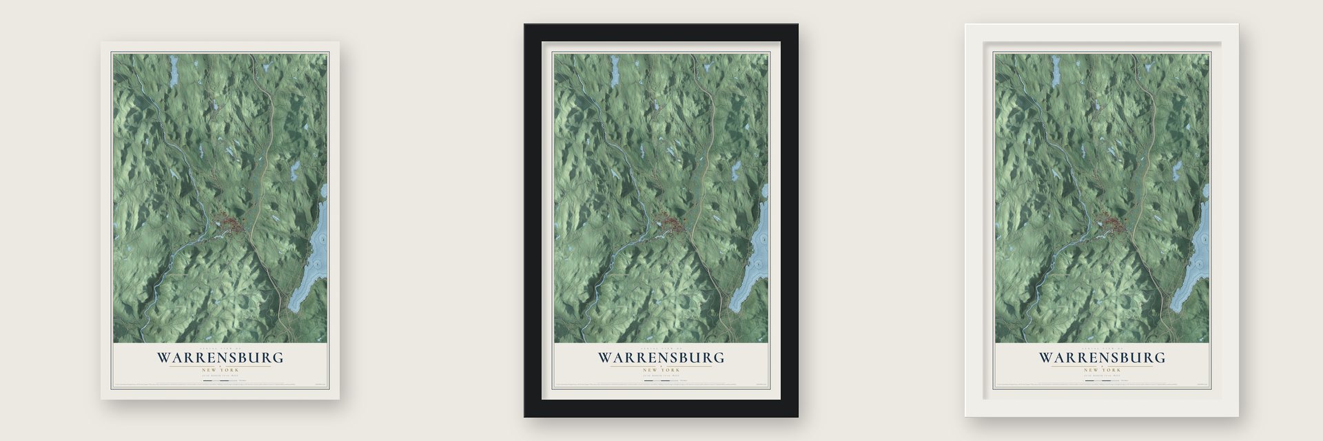 Warrensburg, New York map unframed, in a black wood frame and in a white wood frame