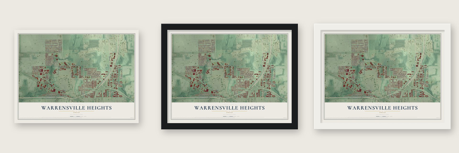 Warrensville Heights, Ohio map unframed, in a black wood frame and in a white wood frame