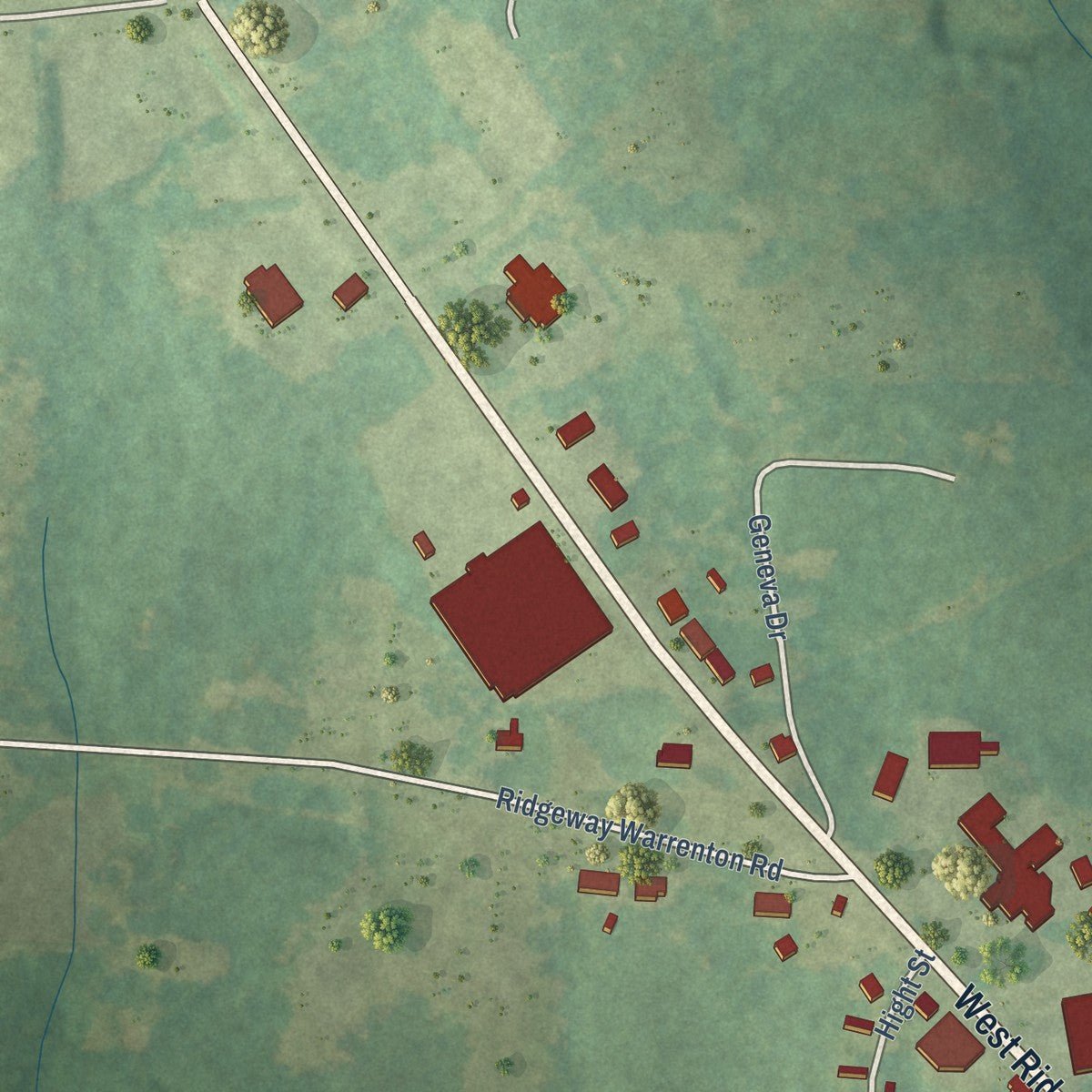 Second close-up of the map of Warrenton, North Carolina print showing more streets and buildings