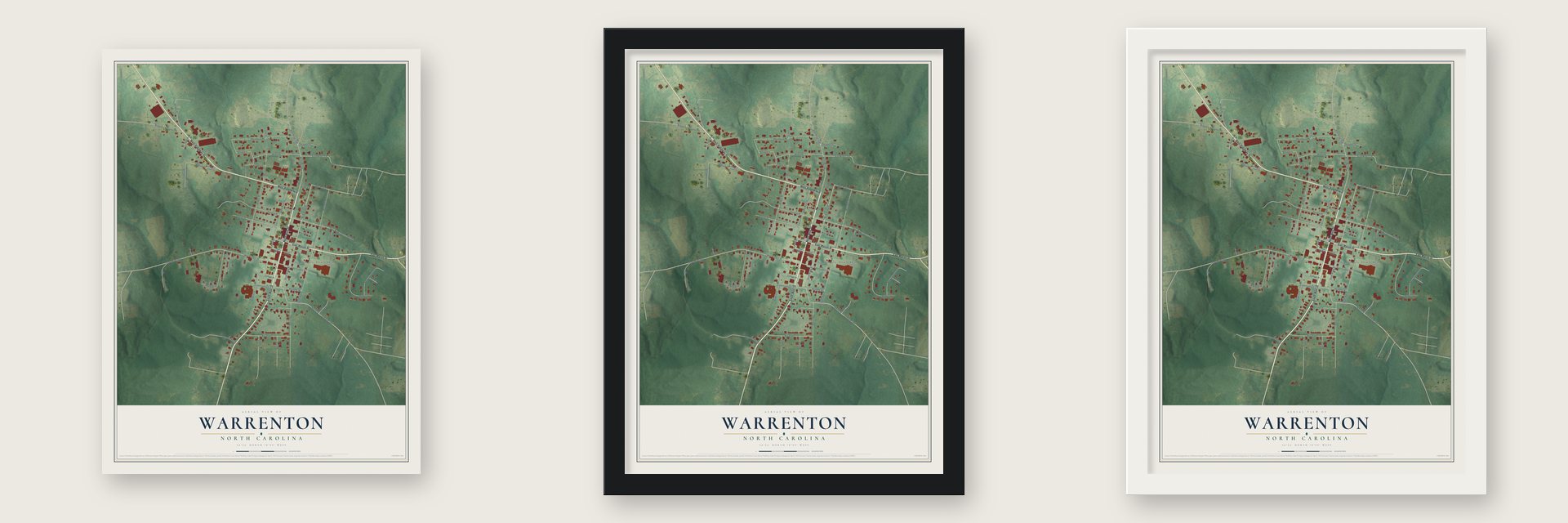 Warrenton, North Carolina map unframed, in a black wood frame and in a white wood frame