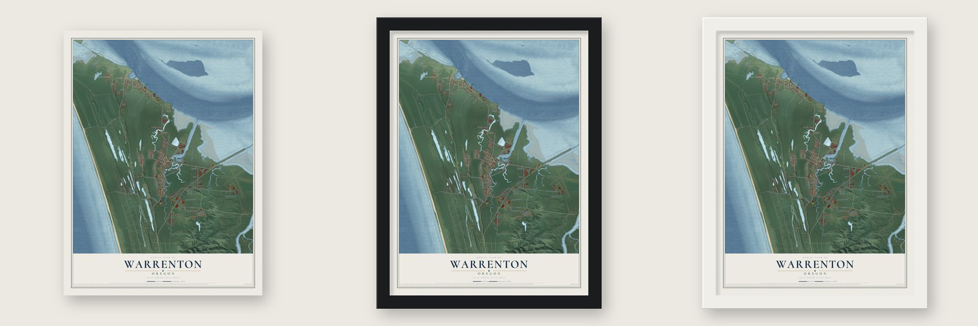 Warrenton, Oregon map unframed, in a black wood frame and in a white wood frame