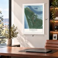 Warrenton, Oregon map, 18 x 24 inch print in a white frame in a home office