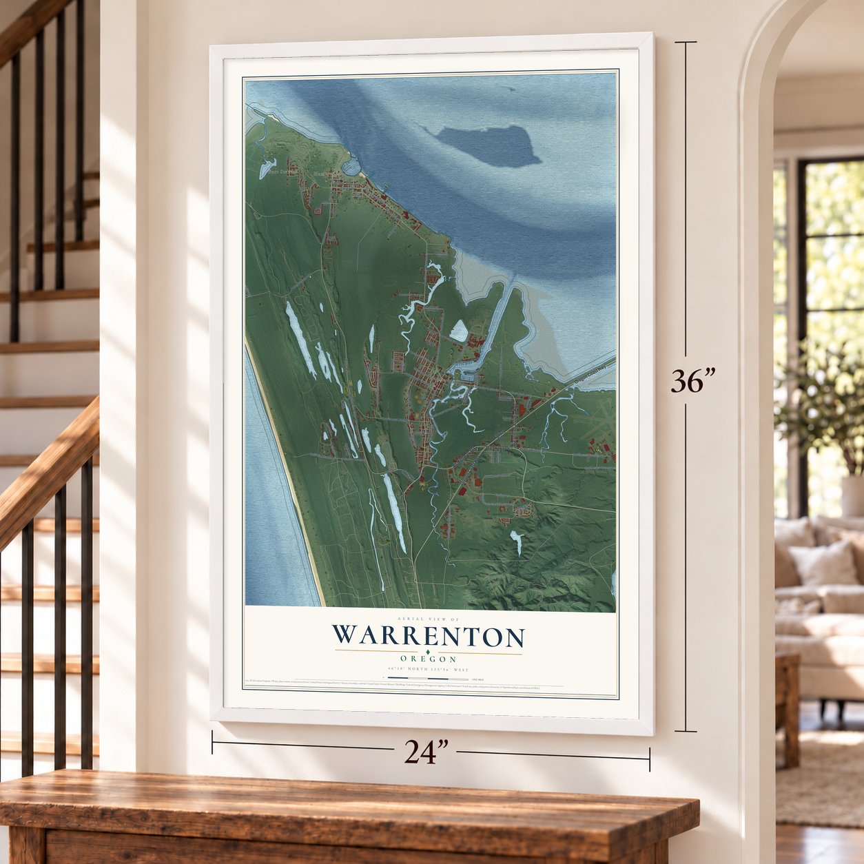 Warrenton, Oregon map, 24 x 36 inch print in a white frame by a staircase