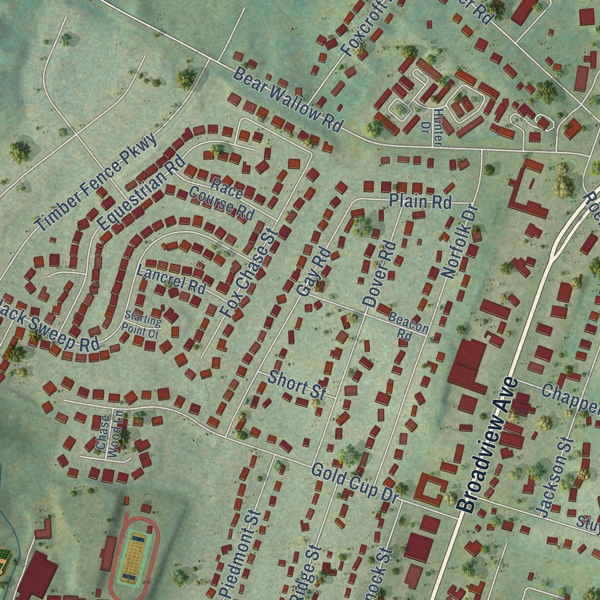 Second close-up of the map of Warrenton, Virginia print showing more streets and buildings