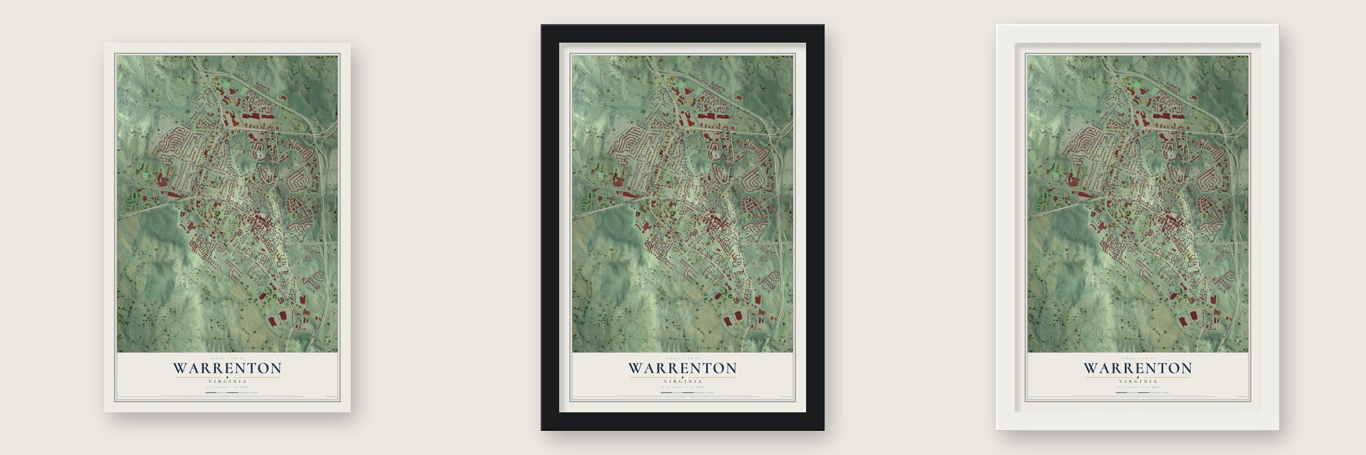 Warrenton, Virginia map unframed, in a black wood frame and in a white wood frame