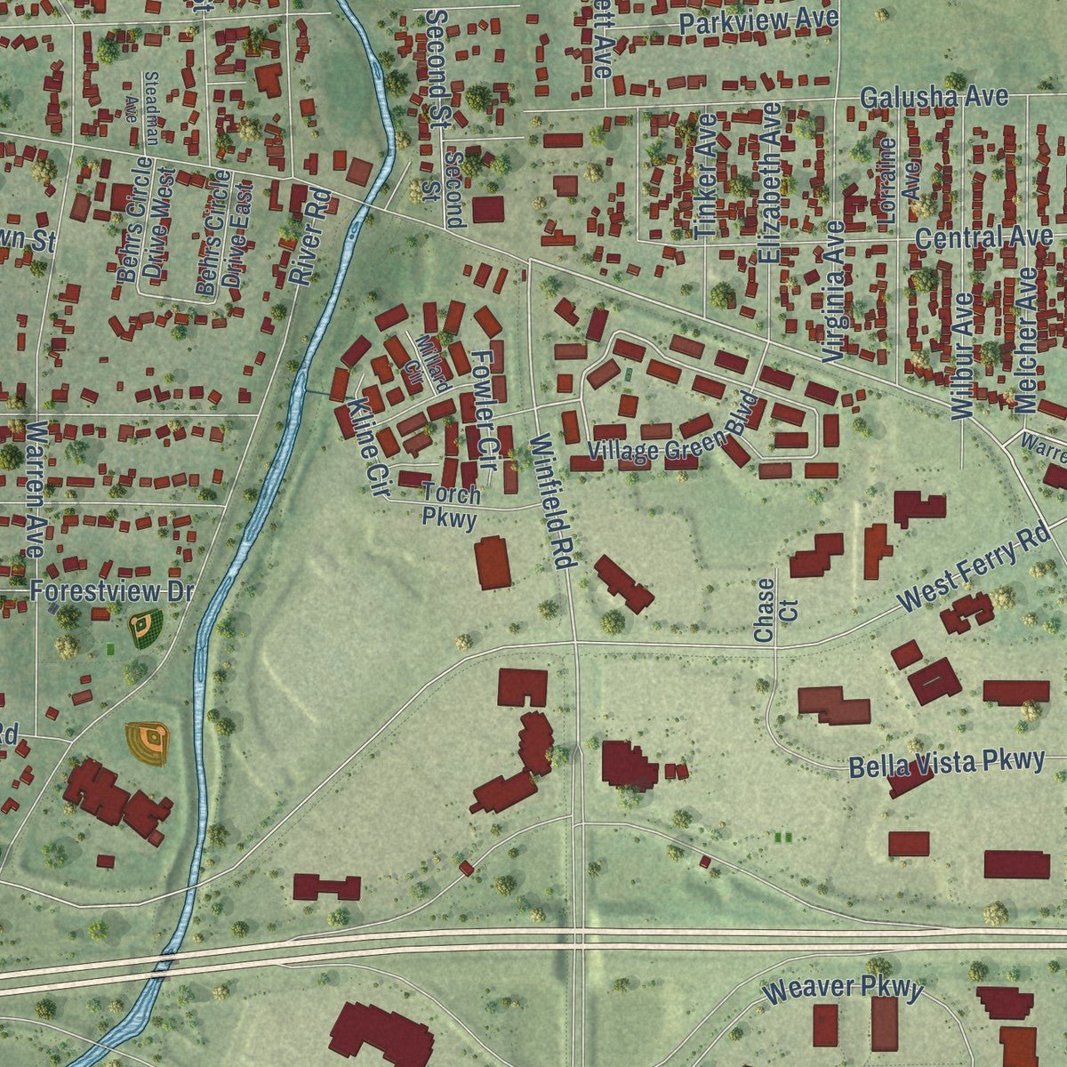 Second close-up of the map of Warrenville, Illinois print showing more streets and buildings