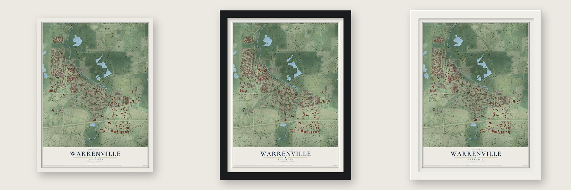 Warrenville, Illinois map unframed, in a black wood frame and in a white wood frame
