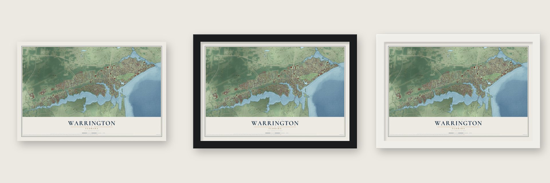 Warrington, Florida map unframed, in a black wood frame and in a white wood frame