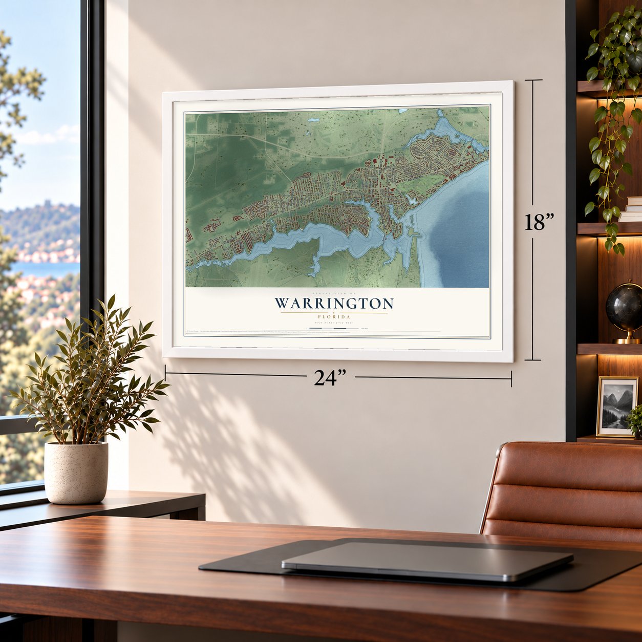 Warrington, Florida map, 18 x 24 inch print in a white frame in a home office
