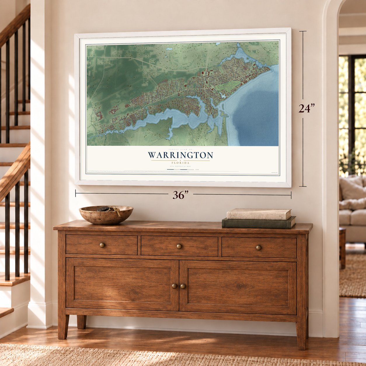 Warrington, Florida map, 24 x 36 inch print in a white frame above a dresser by a staircase