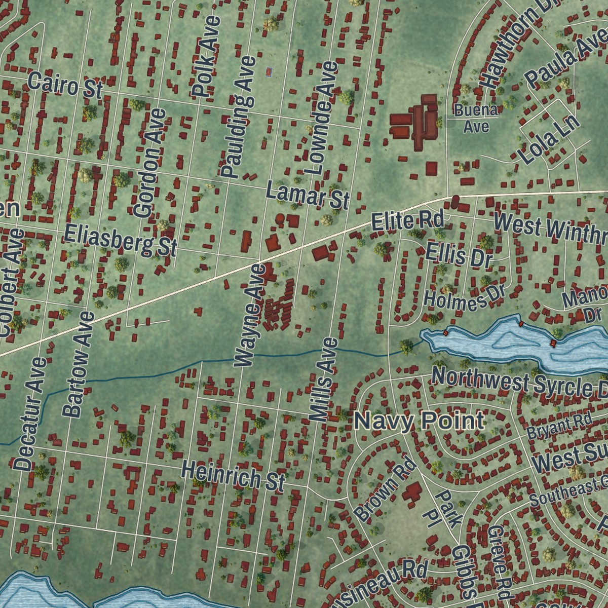 Second close-up of the map of Warrington, Florida print showing more streets and buildings