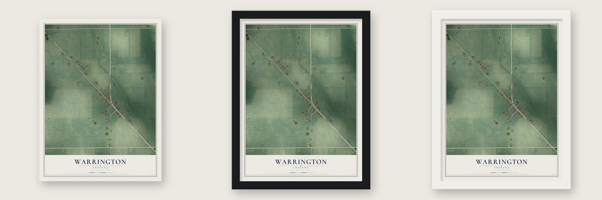 Warrington, Indiana map unframed, in a black wood frame and in a white wood frame