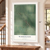 Warrington, Indiana map, 24 x 36 inch print in a white frame by a staircase