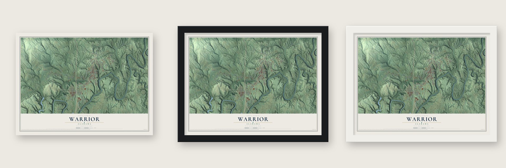 Warrior, Alabama map unframed, in a black wood frame and in a white wood frame