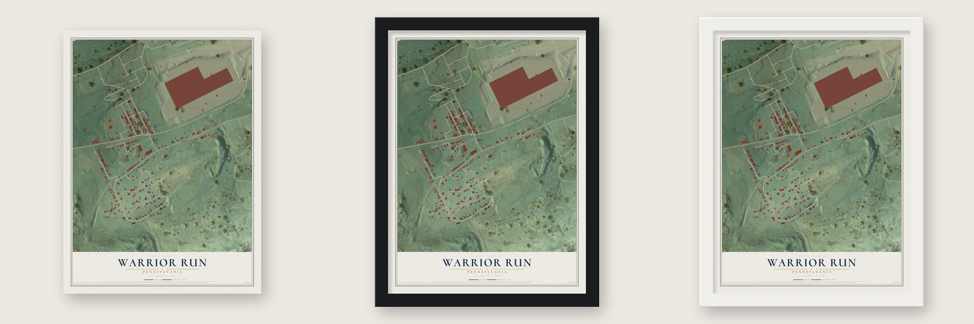 Warrior Run, Pennsylvania map unframed, in a black wood frame and in a white wood frame