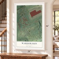 Warrior Run, Pennsylvania map, 24 x 36 inch print in a white frame by a staircase