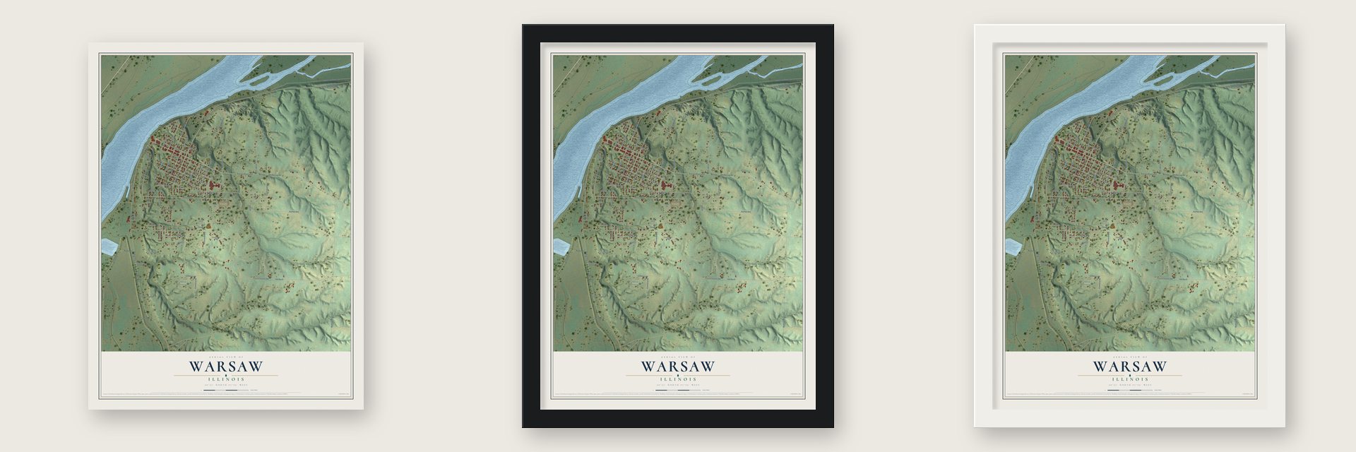 Warsaw, Illinois map unframed, in a black wood frame and in a white wood frame