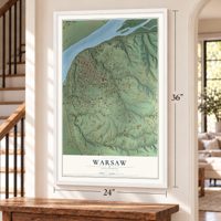 Warsaw, Illinois map, 24 x 36 inch print in a white frame by a staircase