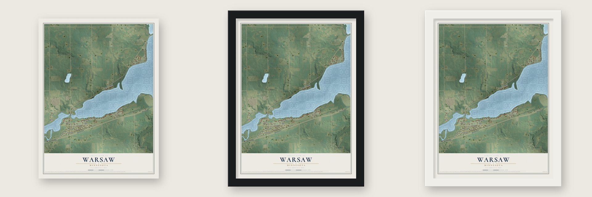 Warsaw, Minnesota map unframed, in a black wood frame and in a white wood frame