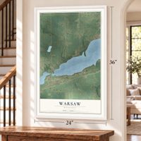 Warsaw, Minnesota map, 24 x 36 inch print in a white frame by a staircase