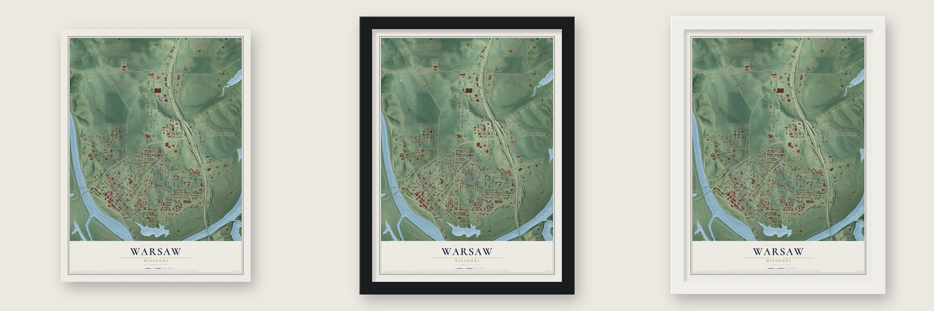 Warsaw, Missouri map unframed, in a black wood frame and in a white wood frame