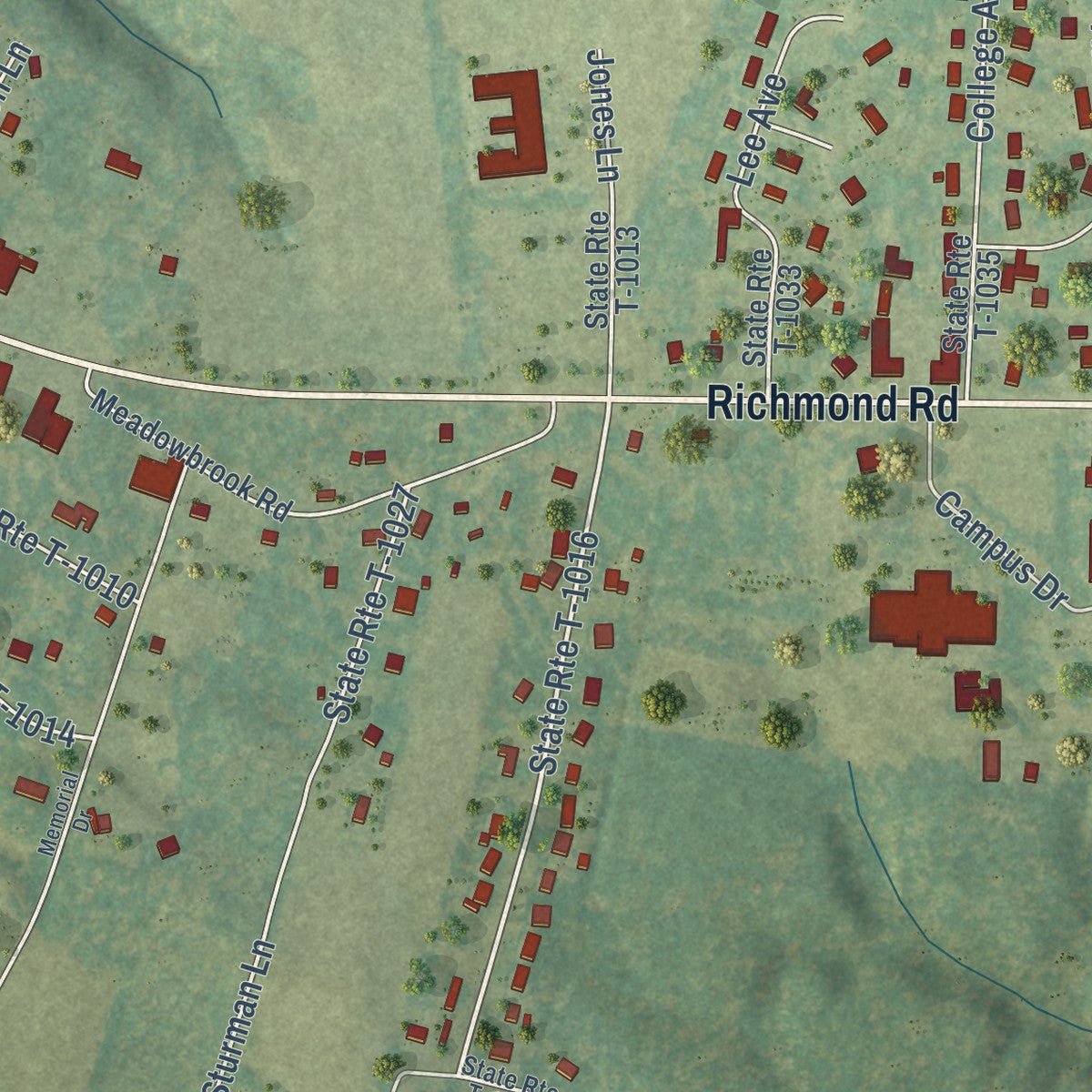 Second close-up of the map of Warsaw, Virginia print showing more streets and buildings