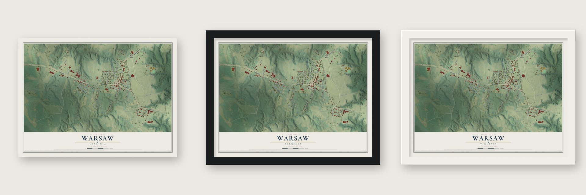 Warsaw, Virginia map unframed, in a black wood frame and in a white wood frame