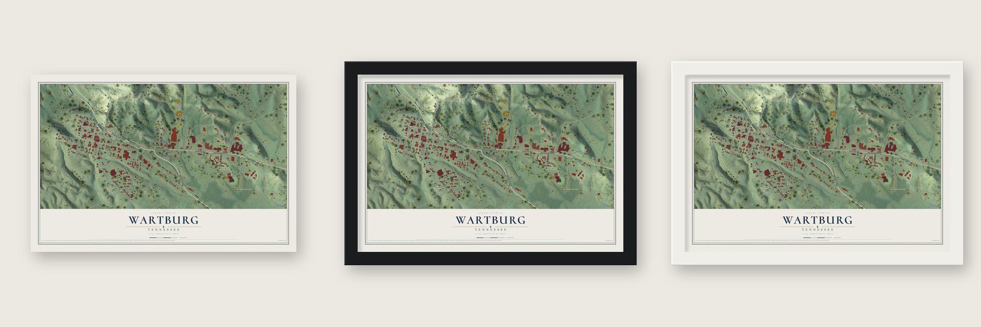 Wartburg, Tennessee map unframed, in a black wood frame and in a white wood frame