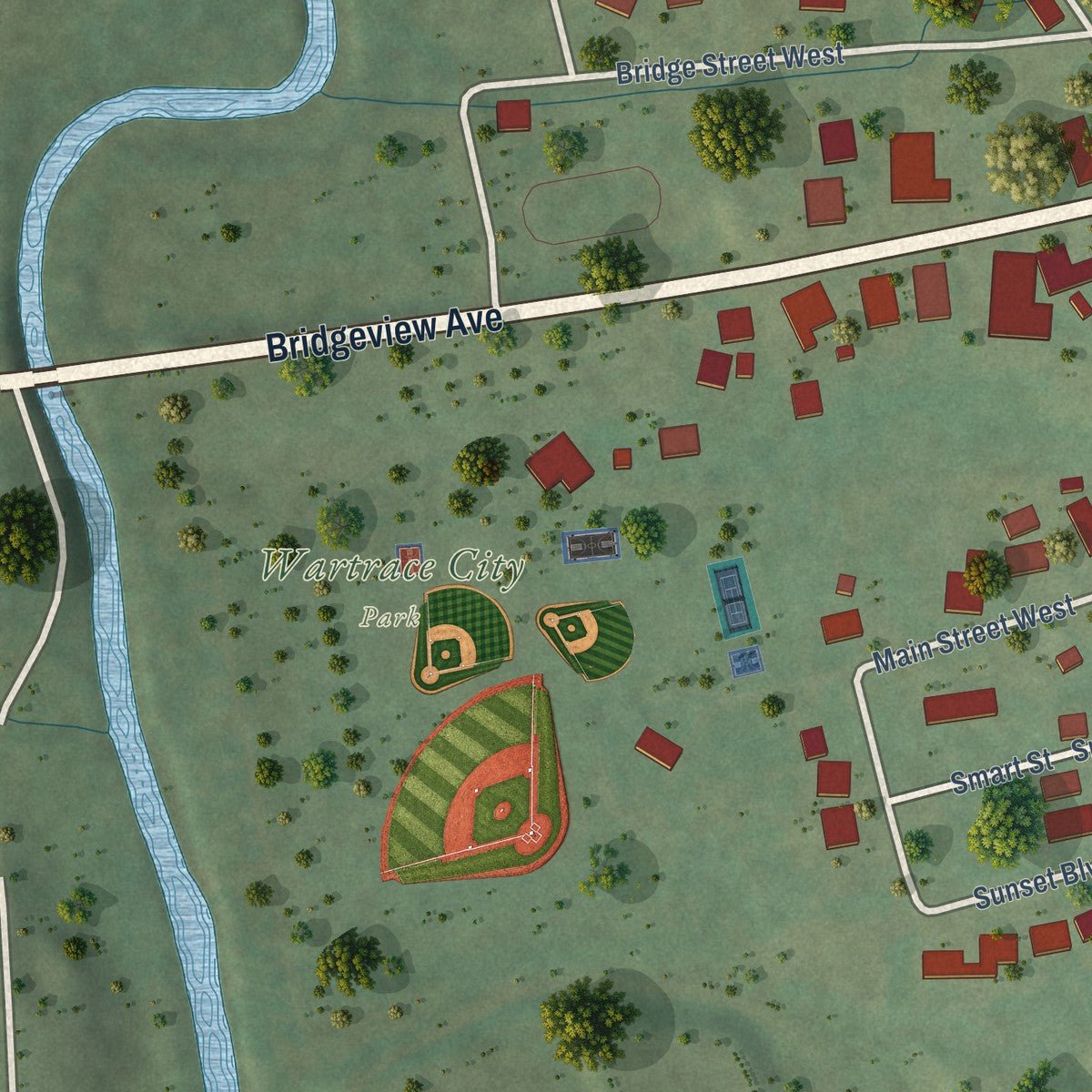Second close-up of the map of Wartrace, Tennessee print showing more streets and buildings
